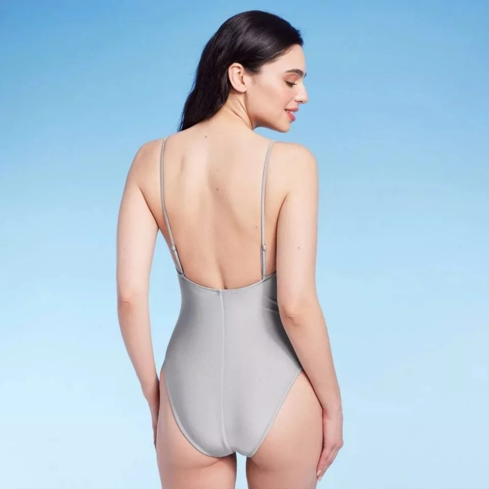 Shade & Shore High Leg Cheeky One Piece Swimsuit Silver NWT S Square Neck
